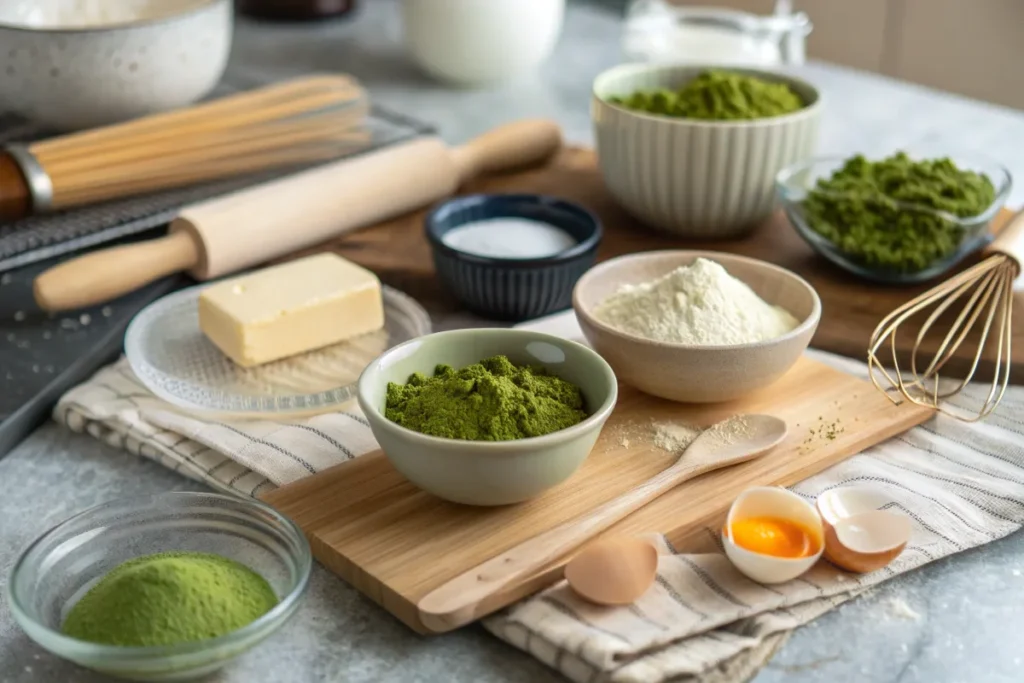Ingredients for making matcha pan, including matcha powder, flour, butter, eggs, and other baking essentials arranged on a kitchen counter.
