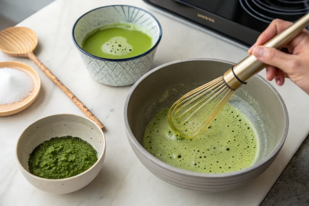 Whisking matcha powder into a bowl of green tea with a whisk, surrounded by ingredients like sugar and matcha powder.