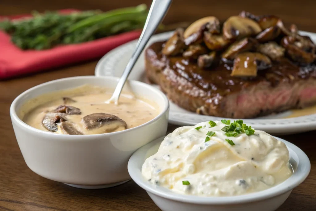 A bowl of creamy mushroom gravy, mashed potatoes topped with chives, and a grilled steak with mushrooms.