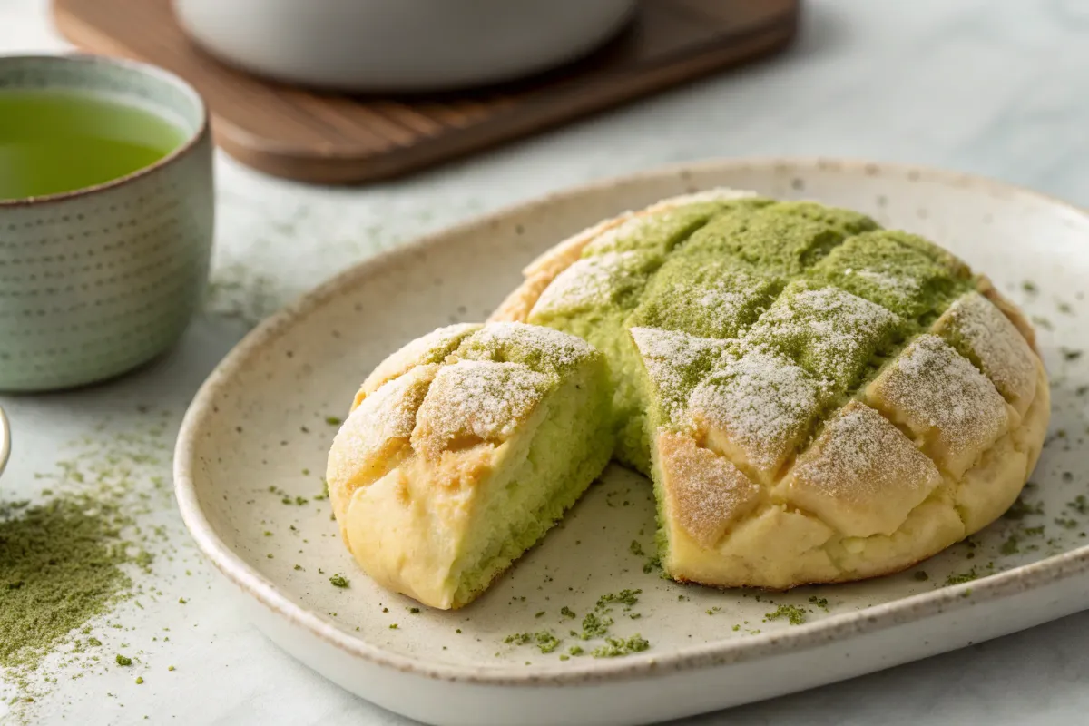 A freshly baked matcha melon pan with a green tea topping, partially sliced on a plate next to a cup of green tea.
