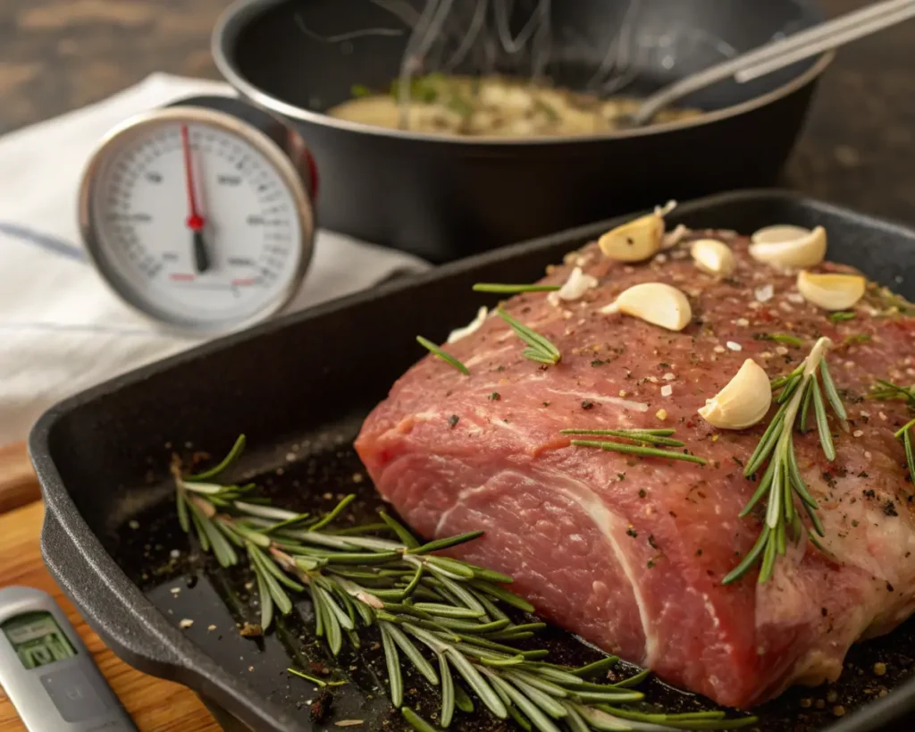 Raw beef shoulder roast seasoned with rosemary, garlic, salt, and pepper, placed in a roasting pan with a meat thermometer on the side.