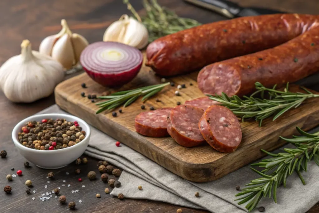 Sliced beef sausage with rosemary, garlic, onion, and peppercorns on a wooden cutting board.