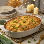 Golden-brown pineapple casserole with a crispy Ritz cracker topping and garnished with sliced pineapples and green onions.