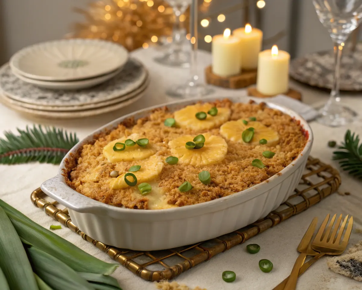 Golden-brown pineapple casserole with a crispy Ritz cracker topping and garnished with sliced pineapples and green onions.