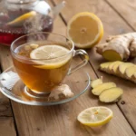 Steaming cup of Crystallized Ginger Lemon Tea with lemon slices and fresh ginger on a wooden table.