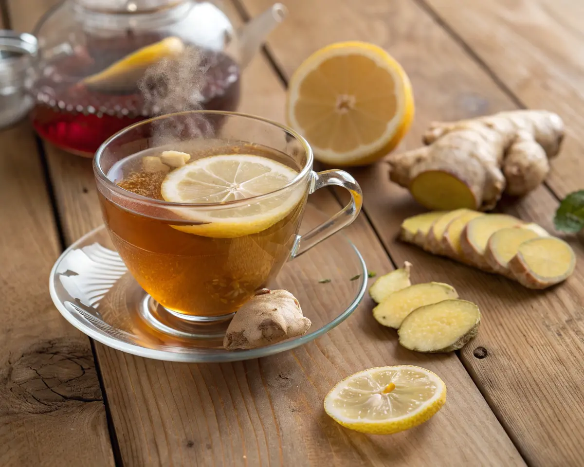 Steaming cup of Crystallized Ginger Lemon Tea with lemon slices and fresh ginger on a wooden table.