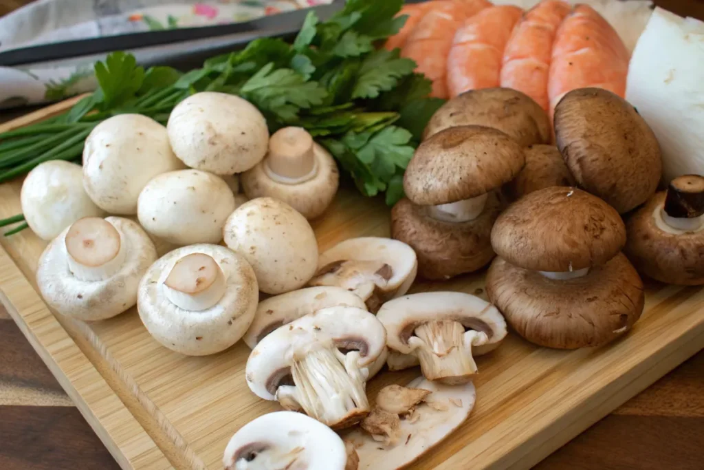 Fresh mushrooms, parsley, and shrimp on a cutting board, ready for preparation.