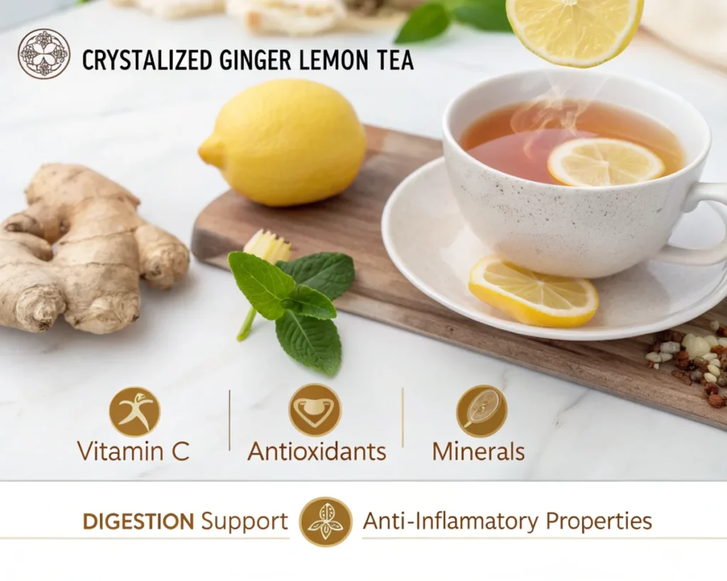 Crystallized Ginger Lemon Tea with icons representing its health benefits like Vitamin C, antioxidants, and anti-inflammatory properties.
