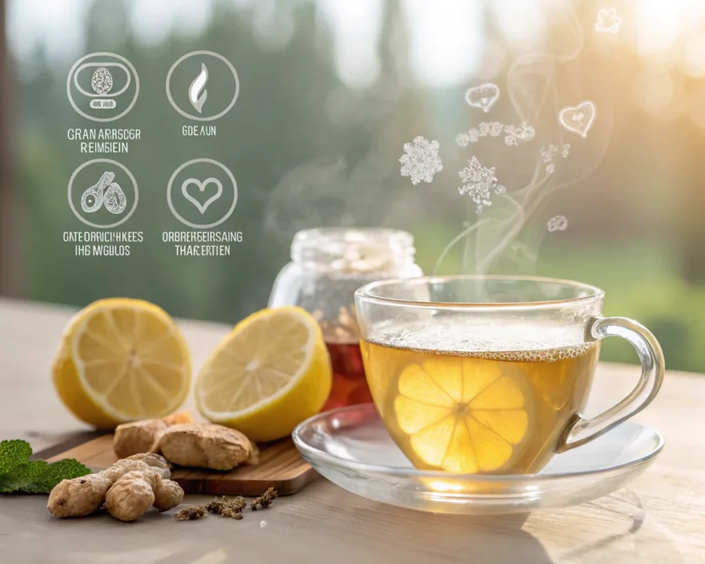 A steaming cup of Crystallized Ginger Lemon Tea with lemon slices, fresh ginger, and wellness icons symbolizing health benefits.