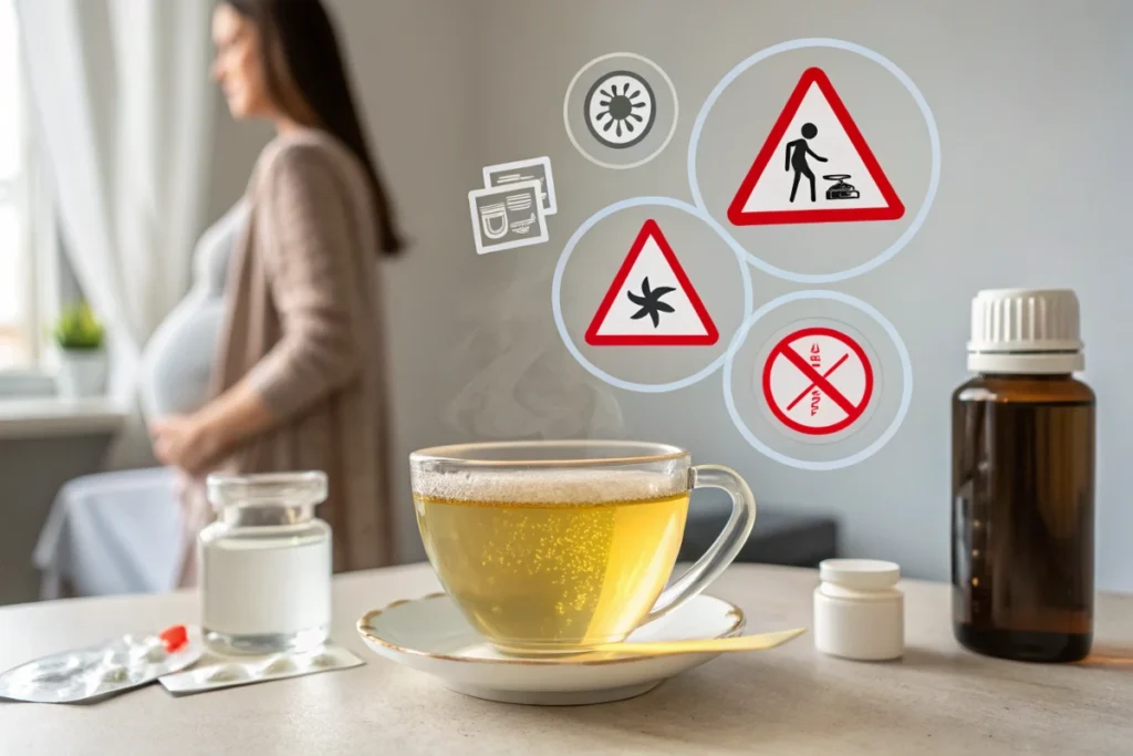 A cup of tea with warning signs floating around it, highlighting caution for pregnant women and medication interactions.