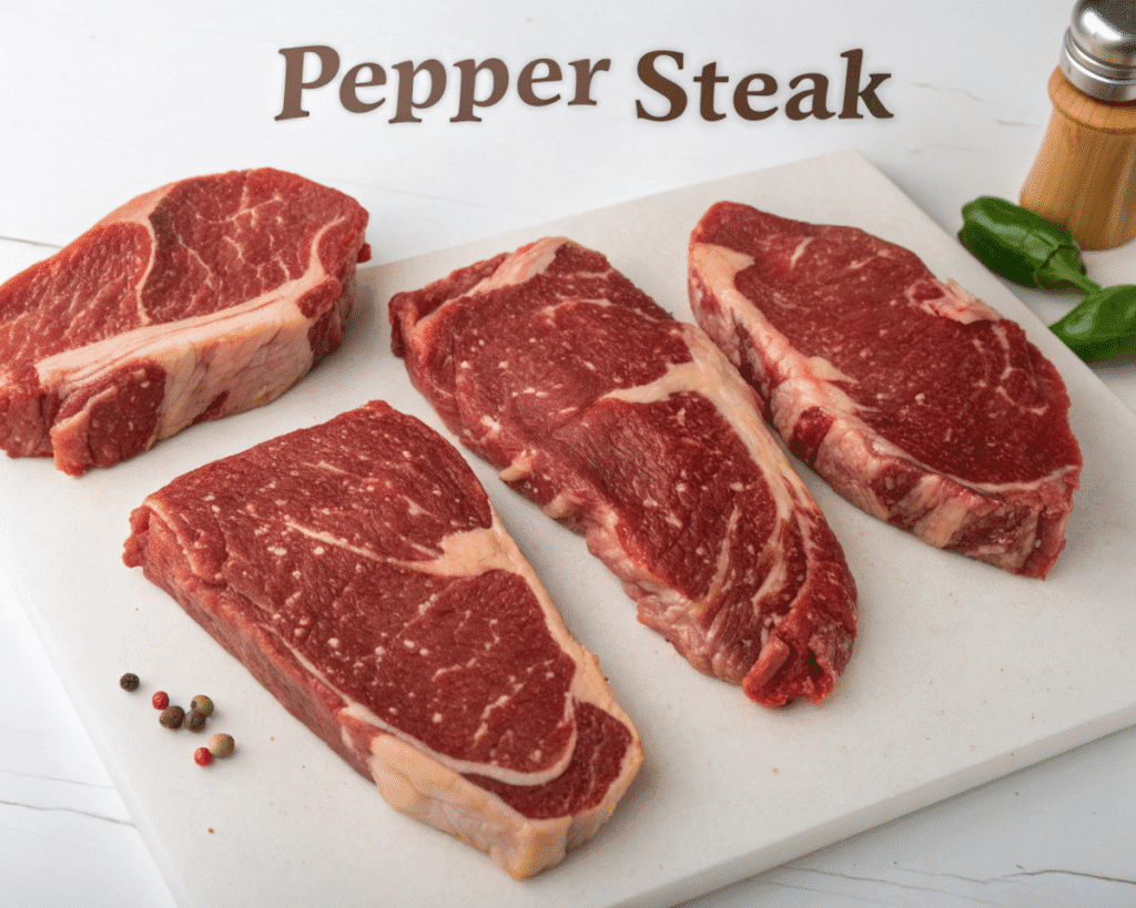 Raw beef steaks prepared for pepper steak on a white cutting board