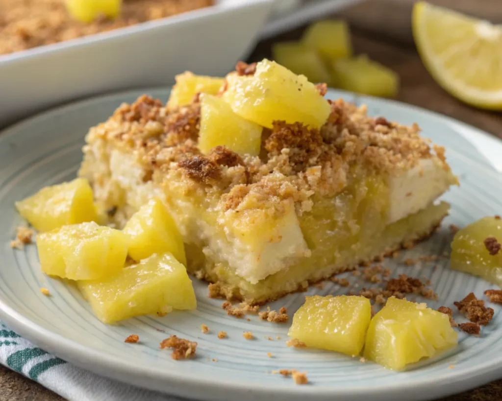 Close-up of a serving of pineapple casserole on a plate with fresh pineapple chunks and a crunchy topping.