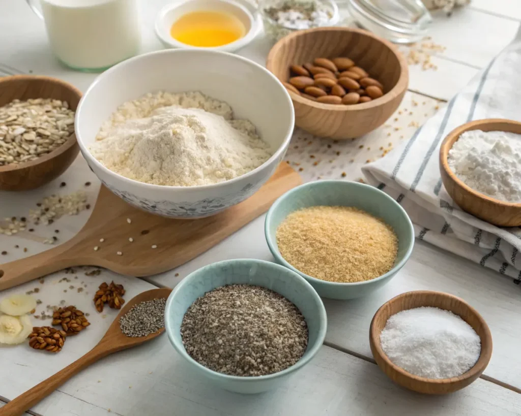 Various gluten-free baking ingredients including flour, seeds, and almonds on a kitchen table.