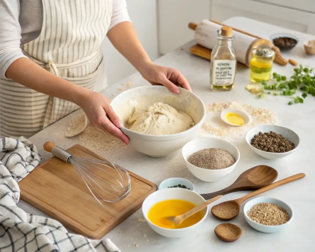Person preparing gluten-free, egg-free bread dough in the kitchen, with various ingredients like flour, seeds, and oil on the counter.