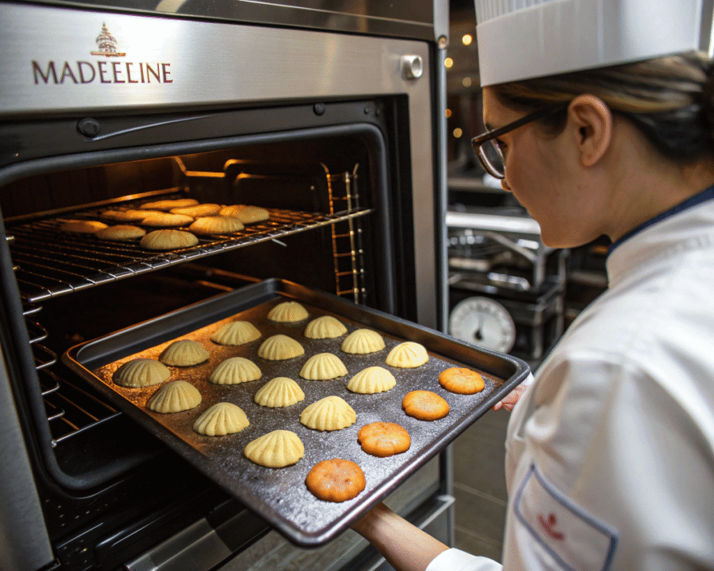 A chef pulling a tray of freshly baked Madeleine cookies from the oven, with some cookies slightly overbaked.
