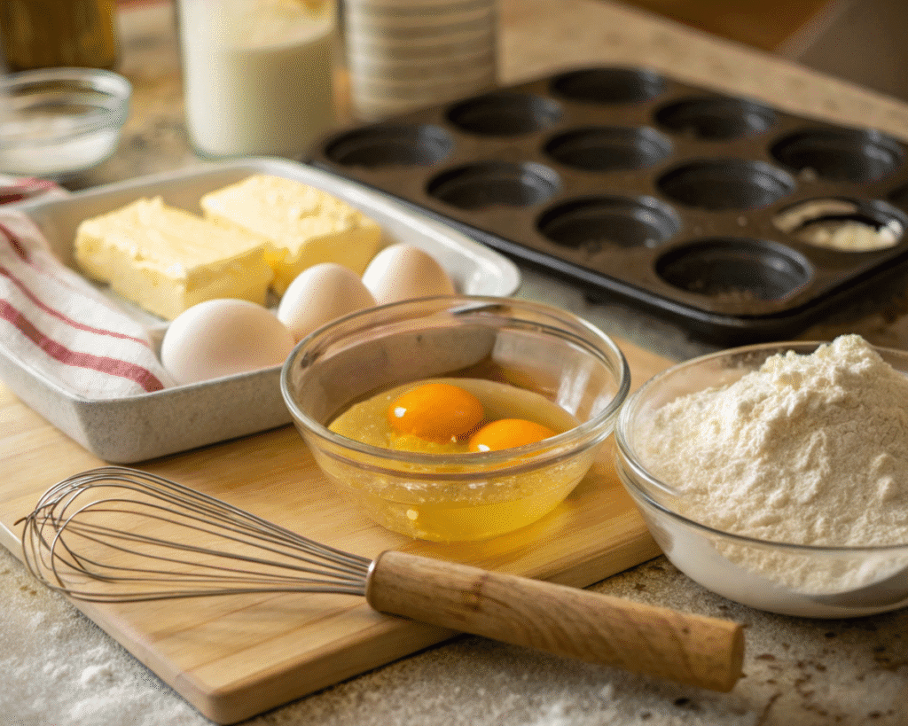 Ingredients for making Madeleine cookies: eggs, butter, flour, and a whisk, with a Madeleine pan in the background.