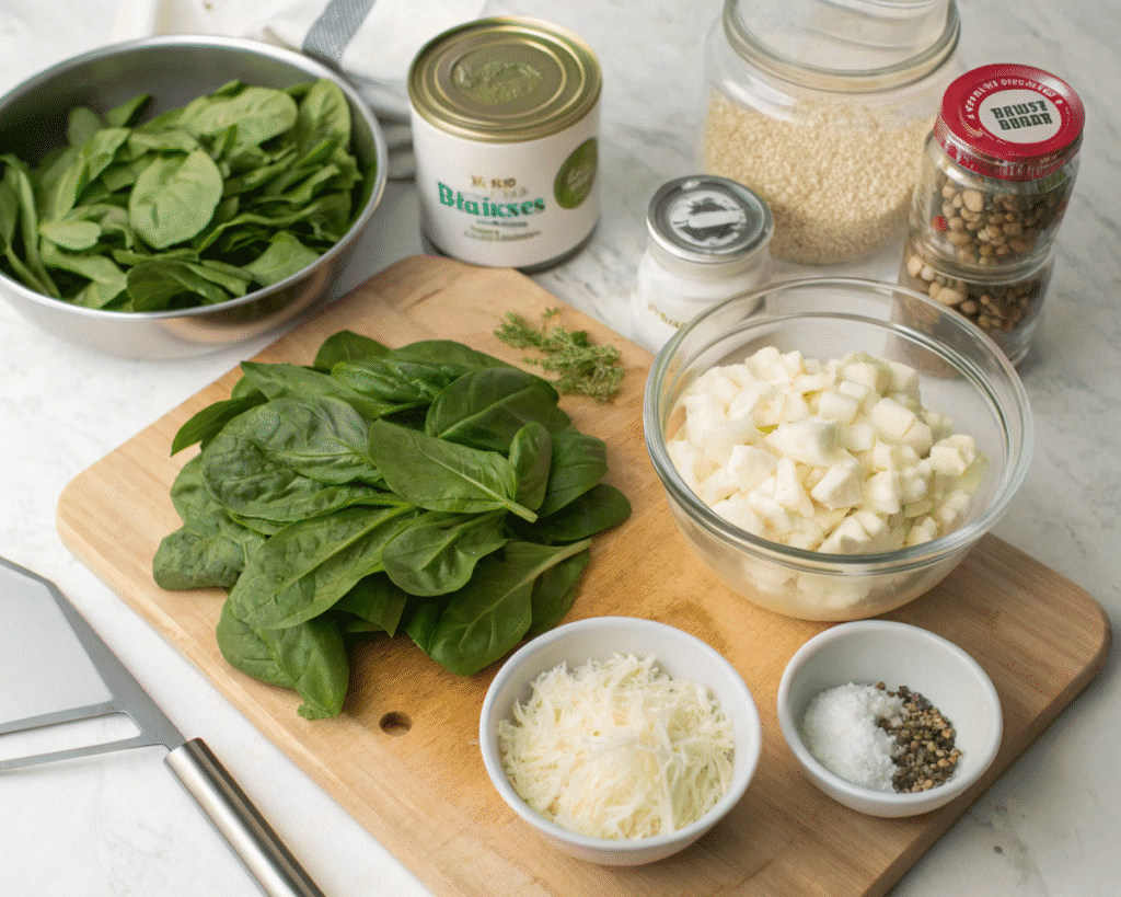 Fresh spinach leaves, cubed artichoke hearts, shredded cheese, and spices on a wooden cutting board for a Crockpot Spinach Artichoke Dip recipe.