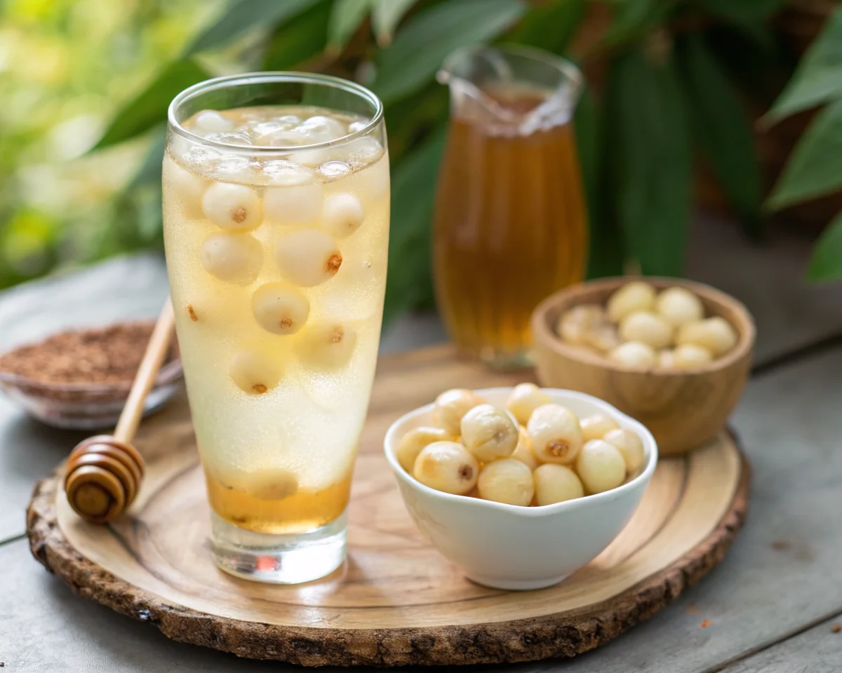Lotus Seed Honey Drink served in a glass with lotus seeds, honey, and additional ingredients on a wooden tray.