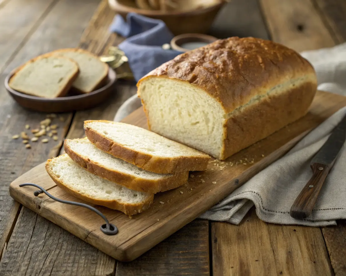 Freshly baked loaf of gluten-free egg-free bread with slices cut and placed on a wooden cutting board.