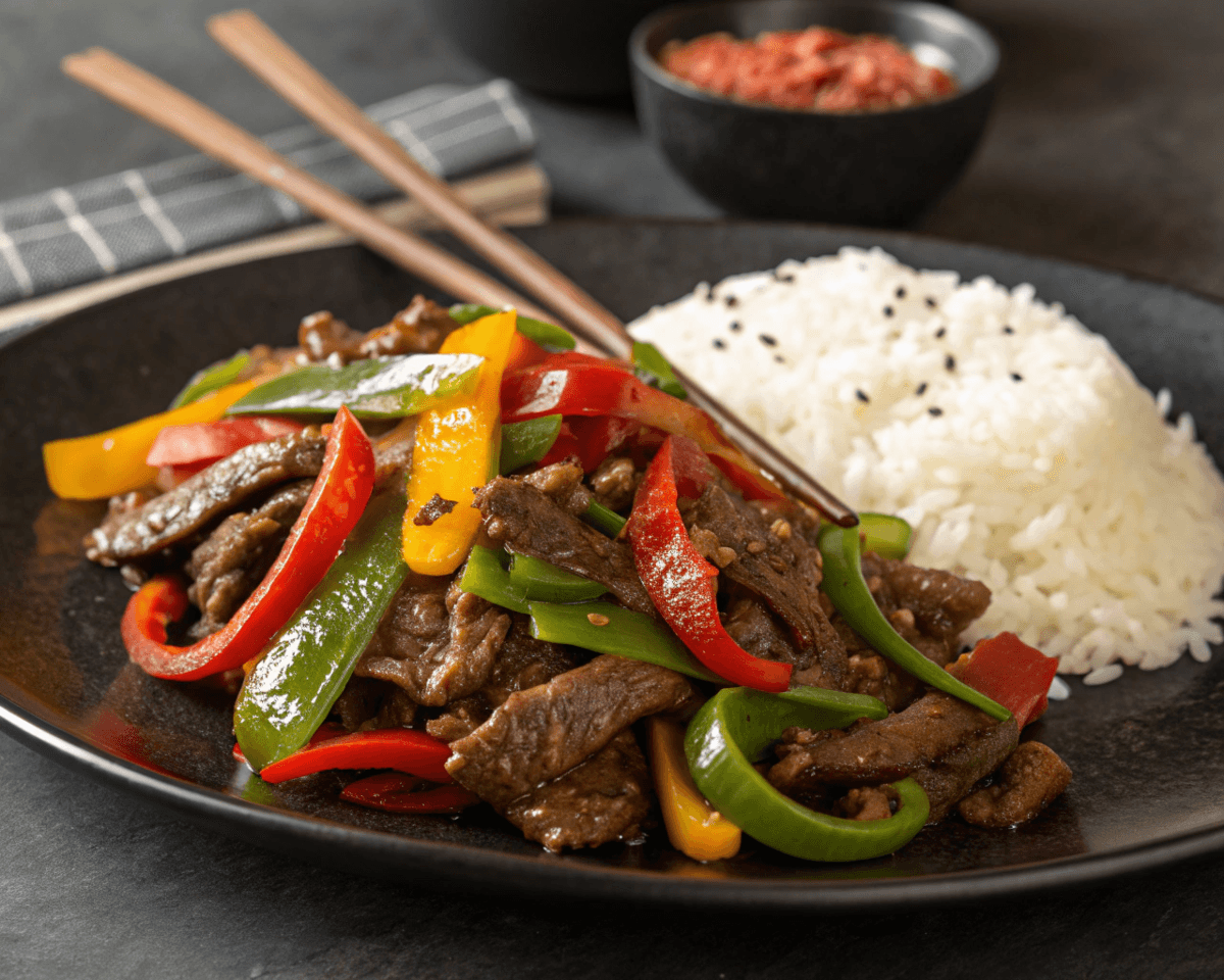 Pepper steak with colorful bell peppers and steamed rice on a black plate
