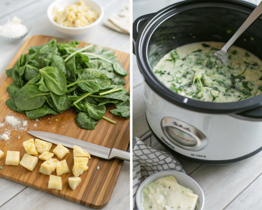 Fresh spinach and cubed cheese prepared for Crockpot Spinach Artichoke Dip, with the dip cooking in a slow cooker.