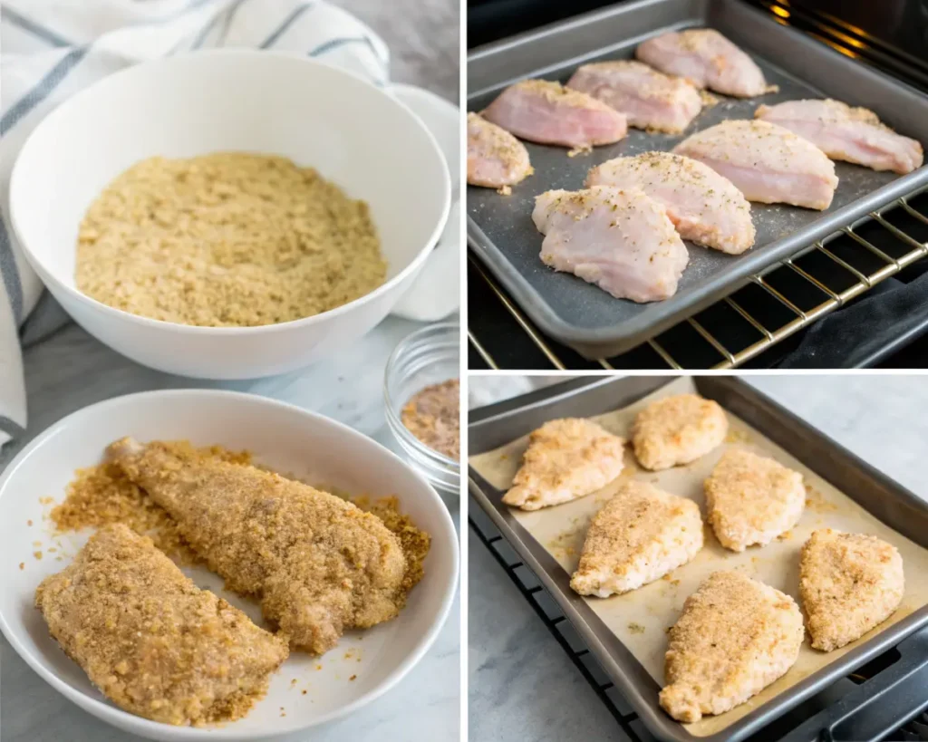 Step-by-step process of preparing Baked Ranch Chicken, from coating chicken in breadcrumbs to baking in the oven.