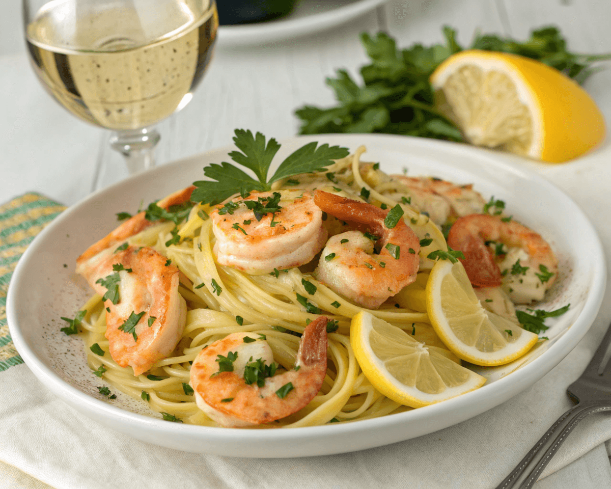 Shrimp scampi with pasta, garnished with fresh parsley and lemon slices, served with a glass of white wine.