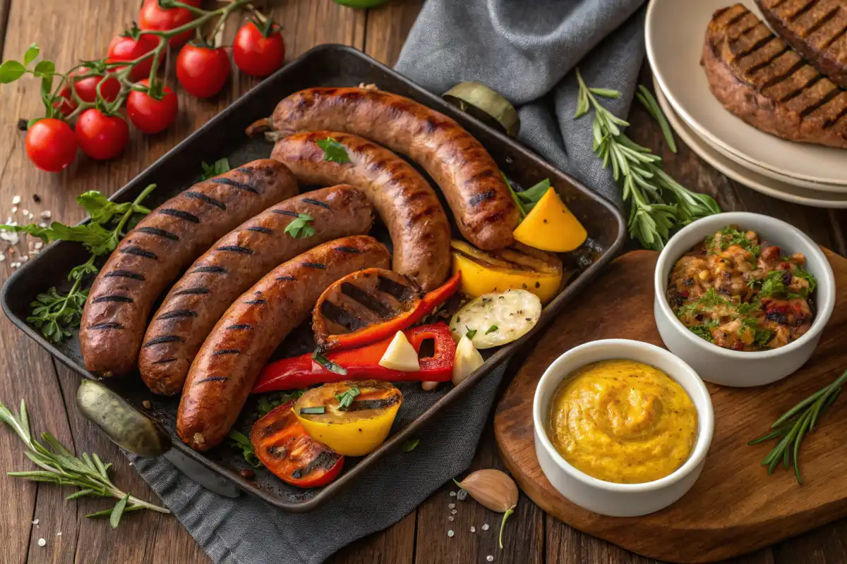 Grilled beef sausages with colorful roasted vegetables, served with mustard and a side dish.