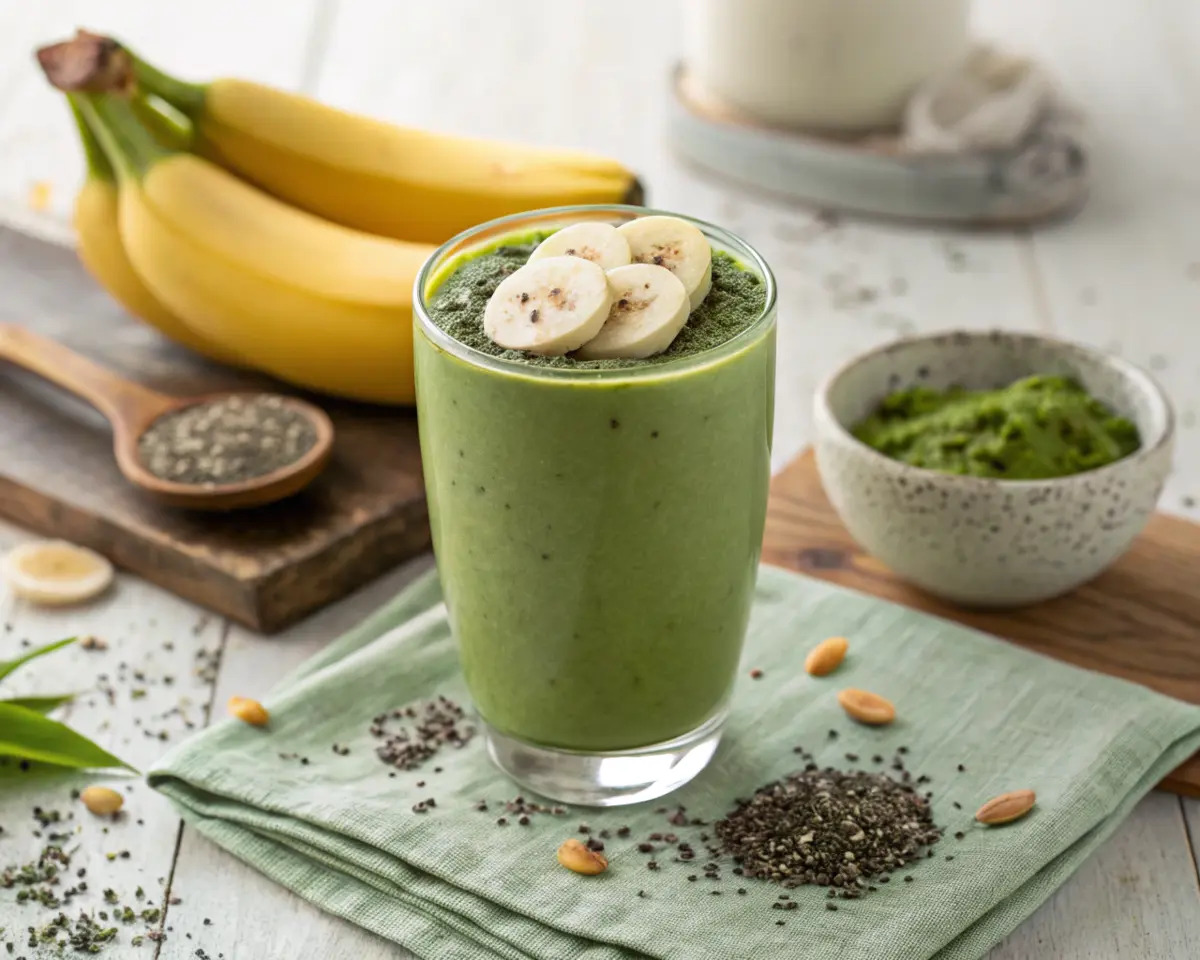 A vibrant Matcha Green Tea Smoothie topped with banana slices and matcha powder, surrounded by fresh bananas, chia seeds, and matcha powder on a soft green cloth.