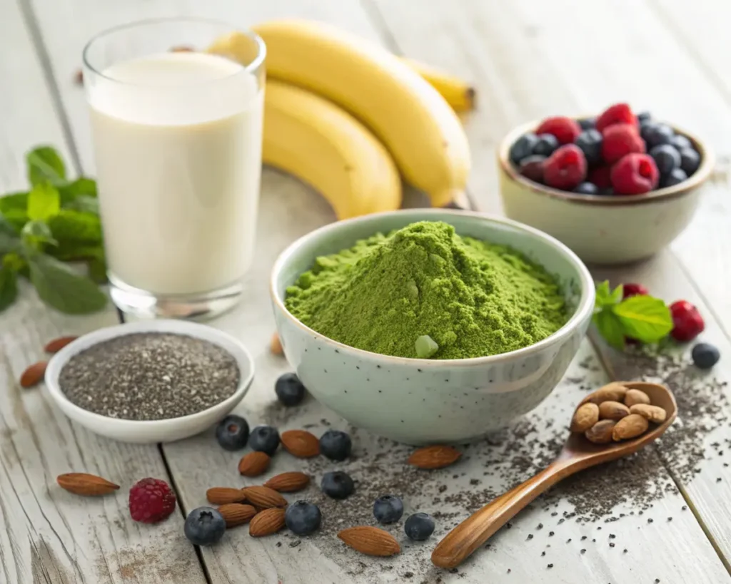 A vibrant assortment of ingredients for a Matcha Green Tea Smoothie, including matcha powder, almond milk, bananas, fresh berries, chia seeds, and almonds, arranged on a rustic wooden table.