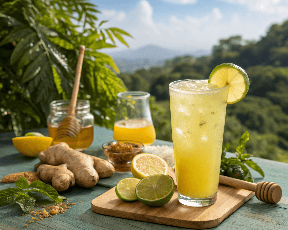 A refreshing glass of Brazilian Mounjaro Recipe with lemon, ginger, honey, and fresh herbs on a sunny outdoor table.