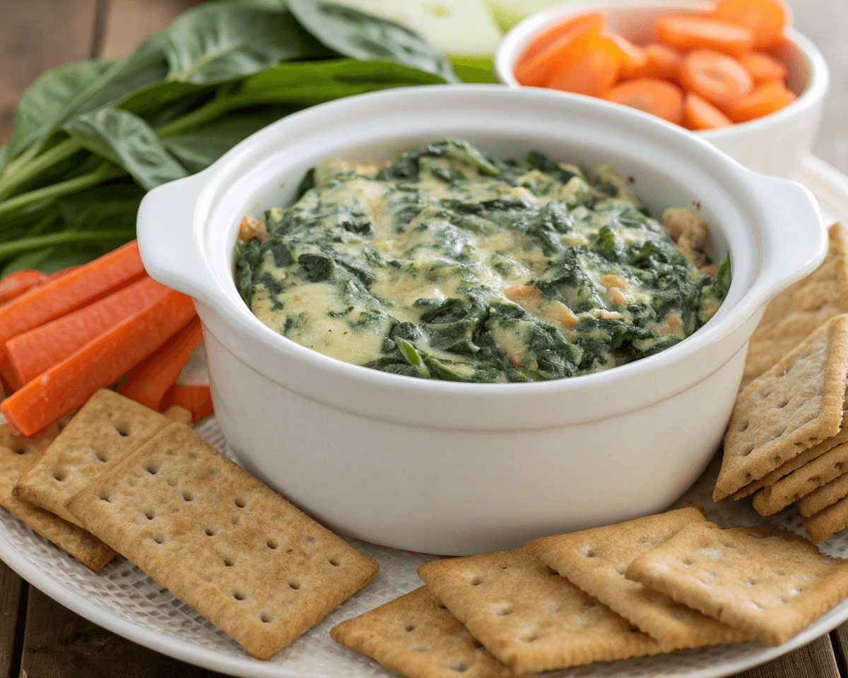 Creamy Crockpot Spinach Artichoke Dip served with crackers and carrot sticks.