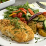 Baked Ranch Chicken served with a fresh salad and roasted vegetables on a plate.