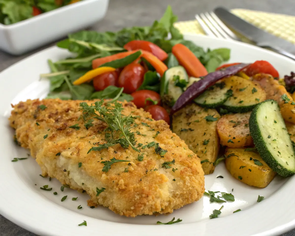 Baked Ranch Chicken served with a fresh salad and roasted vegetables on a plate.