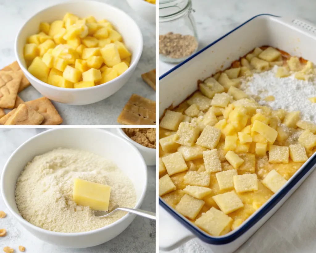 Step-by-step process of making pineapple casserole, showing pineapple chunks, ingredients in bowls, and the casserole being assembled.