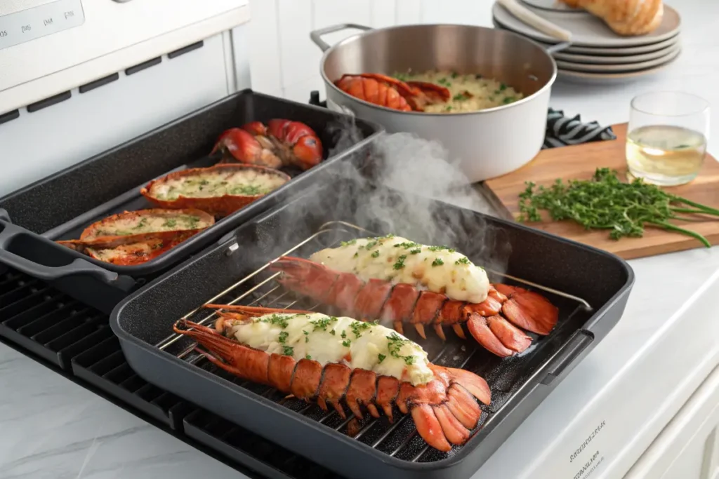 Lobster tails being broiled with garlic butter and herbs in a roasting pan, steaming and cooked to perfection.