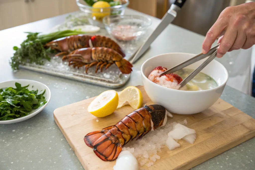 Preparing lobster tail in the kitchen, thawing with tongs and fresh ingredients like lemon and herbs.