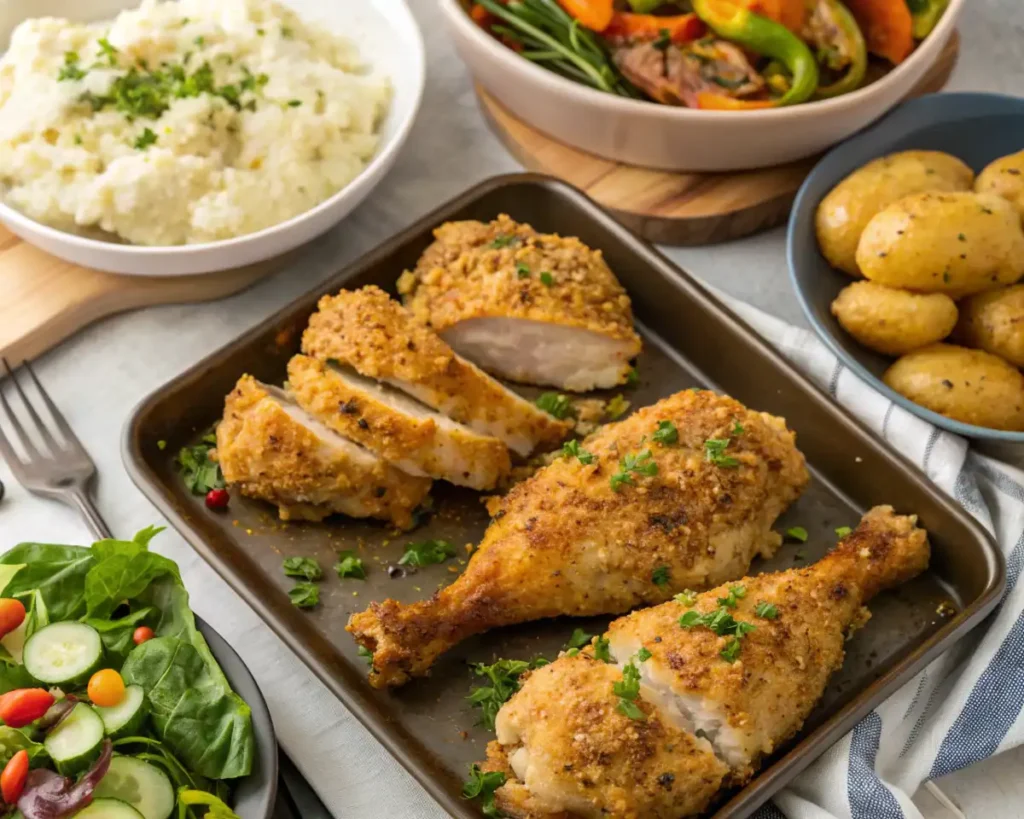 Baked Ranch Chicken served with mashed potatoes, roasted vegetables, and a fresh salad.