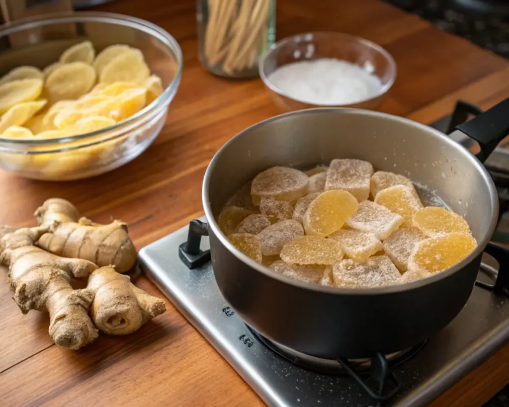 Ginger slices simmering in a pot with sugar syrup, with fresh ginger roots and sugar in the background.