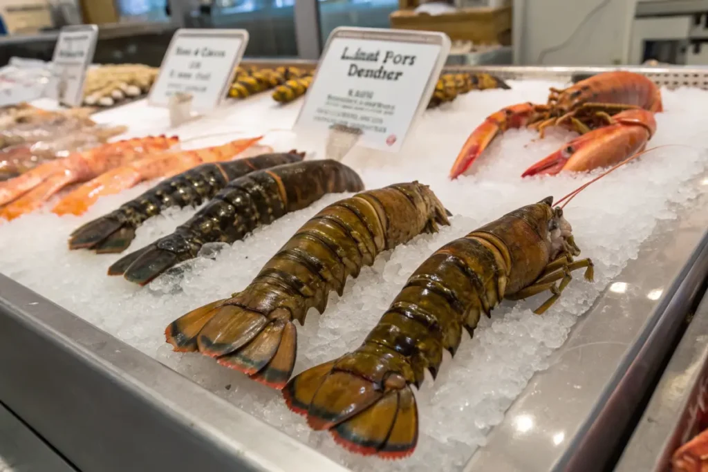 Fresh lobster tails on ice at a seafood market, showcasing various sizes and types.