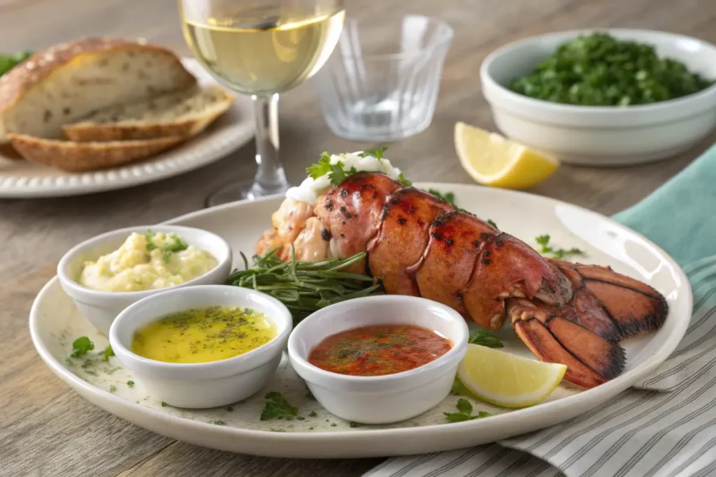Grilled lobster tail with three dipping sauces, mashed potatoes, and fresh lemon on a plate.