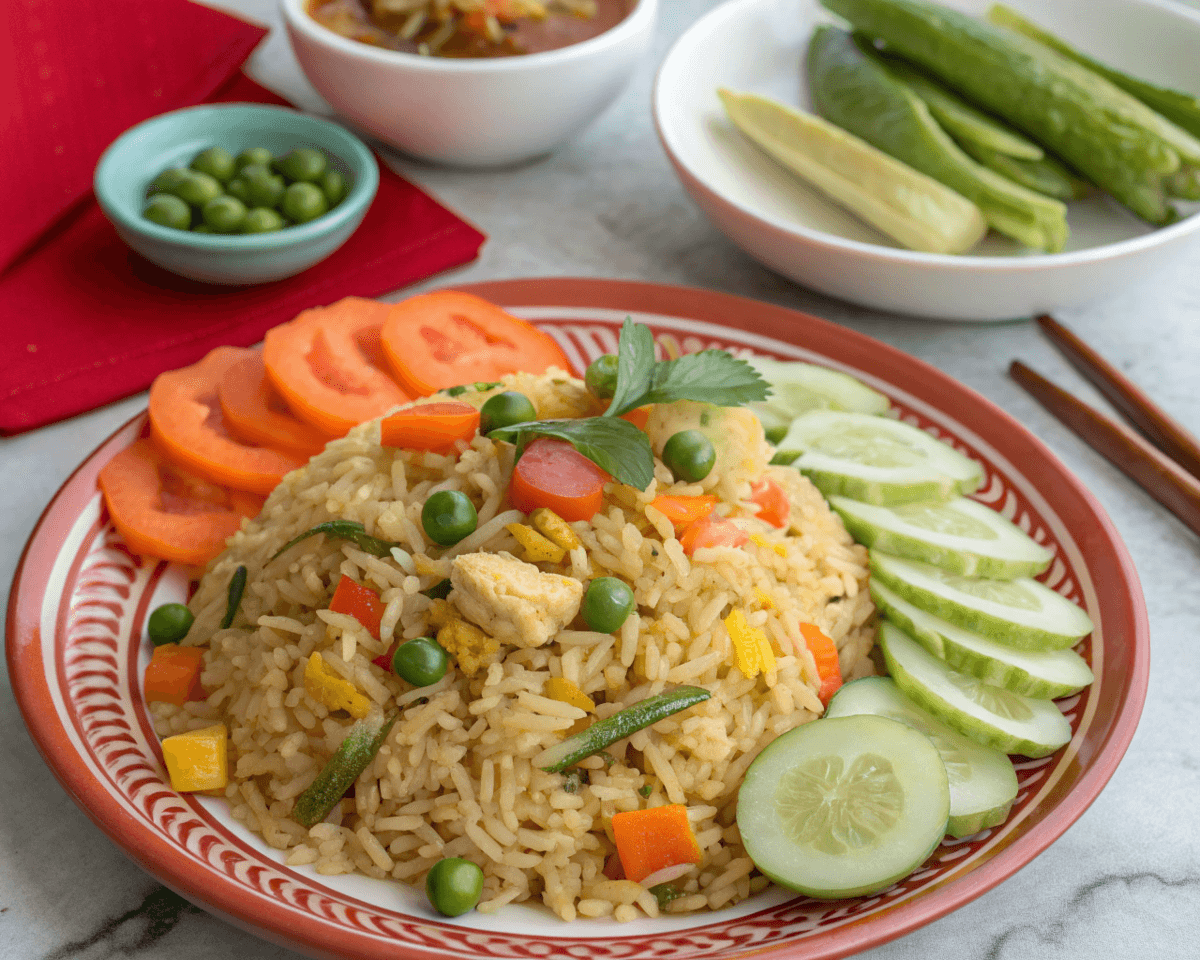 Anjappar Egg Fried Rice served with fresh cucumber slices, carrots, and green peas, garnished with cilantro.