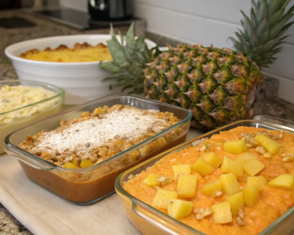 Different variations of pineapple casserole displayed on a kitchen countertop, including a classic version, a sweet potato version, and a coconut-topped version.