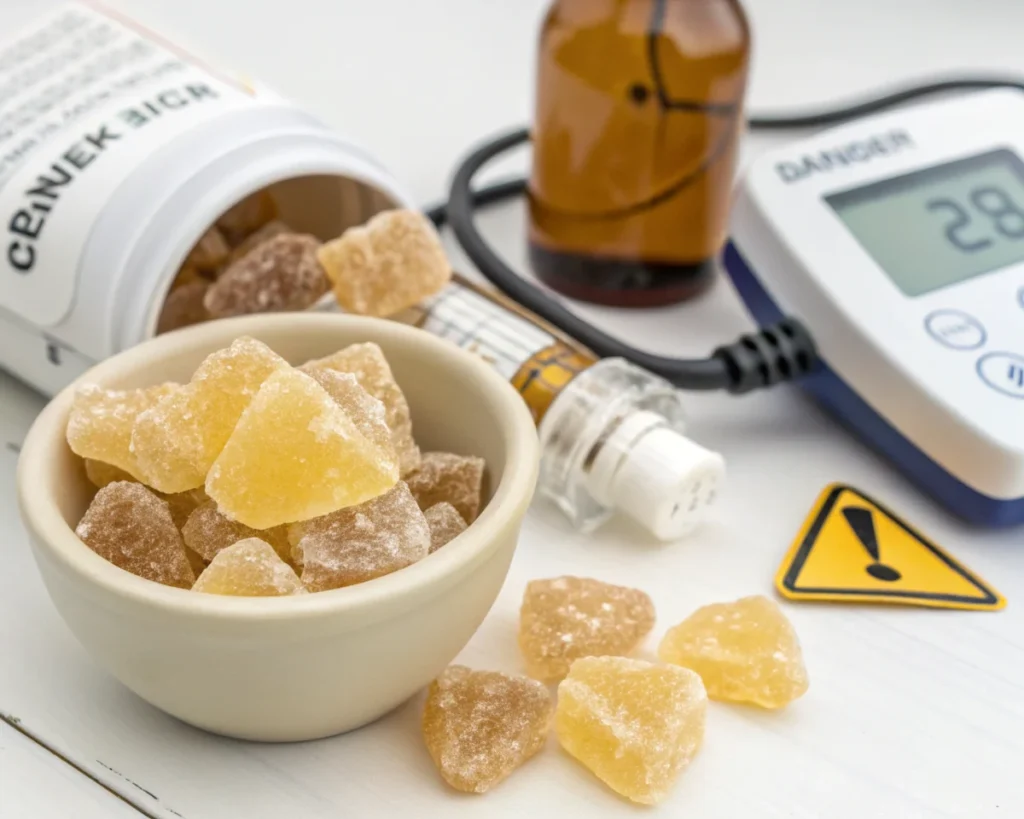 Crystallized ginger pieces in a bowl, surrounded by medication, a blood pressure monitor, and a warning sign.