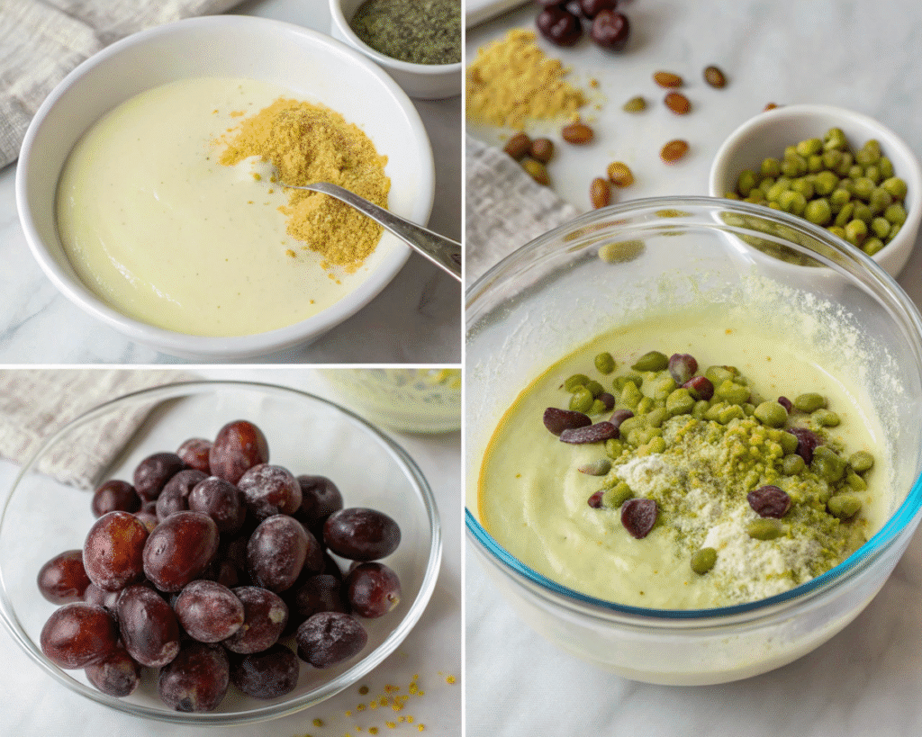 Ingredients for pistachio pudding with grapes and pistachios being mixed in bowls.
