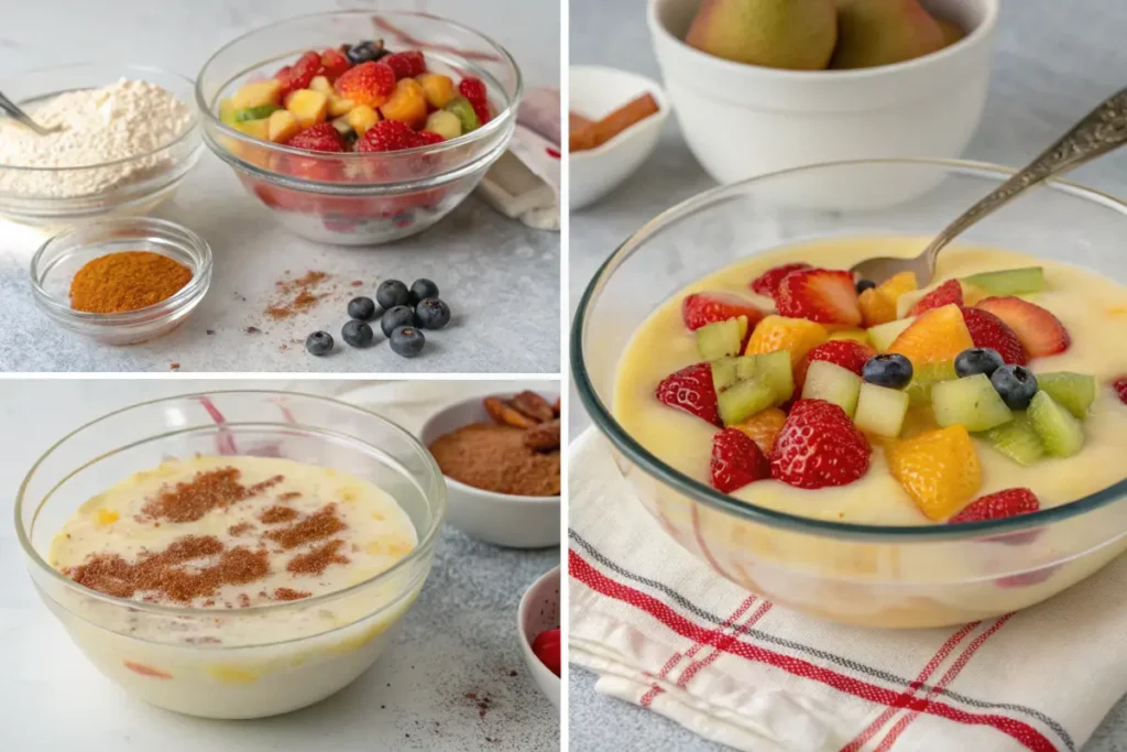 A step-by-step process of making a fruit pudding, with bowls of mixed fruit, spices, and pudding mixture, and a close-up of the final dessert.