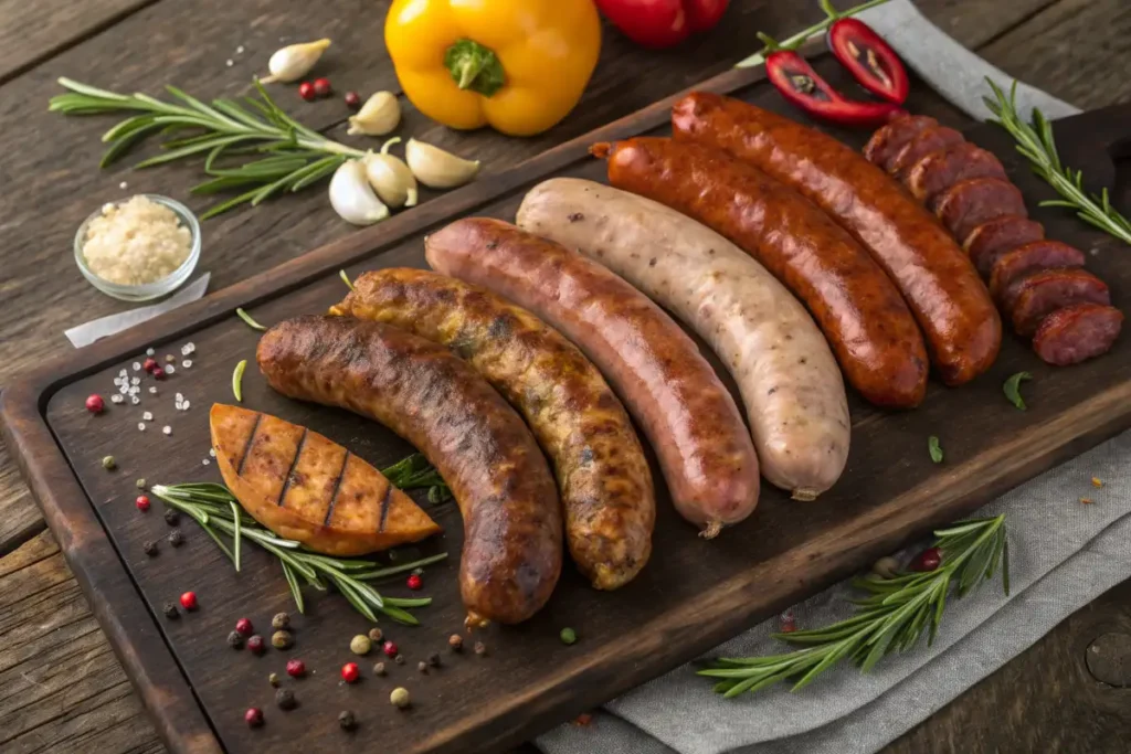 A variety of grilled sausages with herbs and spices on a wooden board, including sliced sausages, peppercorns, garlic, and vegetables.