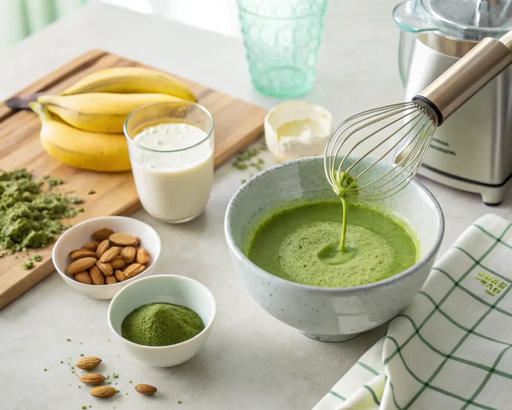A vibrant Matcha Green Tea Smoothie topped with banana slices and matcha powder, surrounded by fresh bananas, chia seeds, and matcha powder on a soft green cloth.