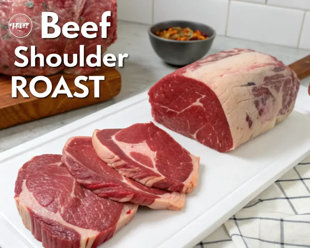 Raw beef shoulder roast with several slices neatly arranged on a white cutting board.