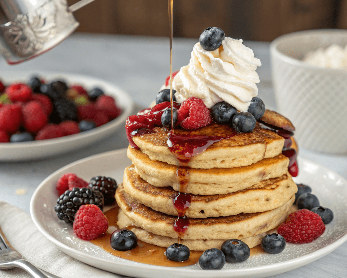 Stack of fluffy pancakes topped with fresh berries, whipped cream, and syrup drizzle.